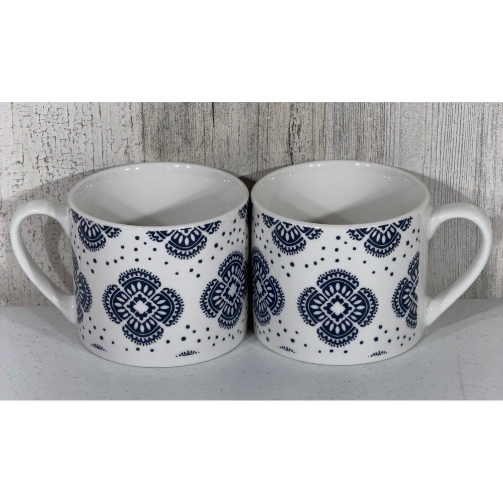 Fiorella Coffee Mugs‎ Set of 4 White Navy Blue Geometric Medallion Ceramic 16oz